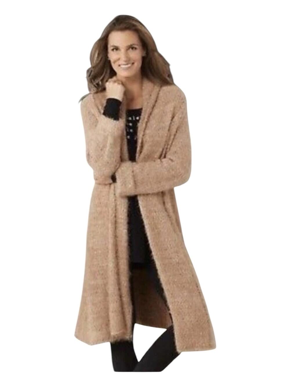 Soft Surroundings-Long Cardigan-Open Front-Sz 1X-Camel-Wool/Mohair-1176